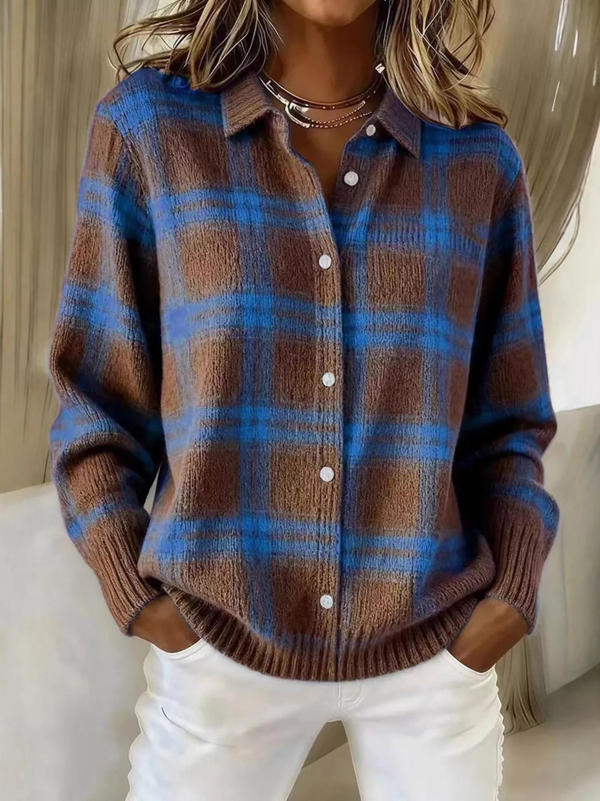 Yasmin rutig cardigan, mörkbrun