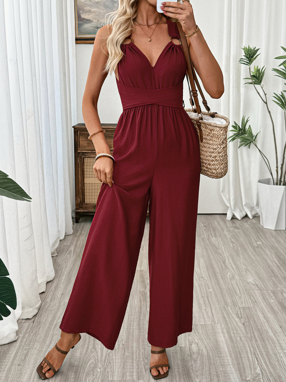 Lou v-ringad jumpsuit, vinröd