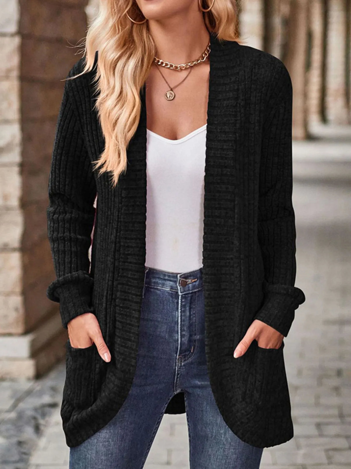 Nadja ribbstickad cardigan, svart