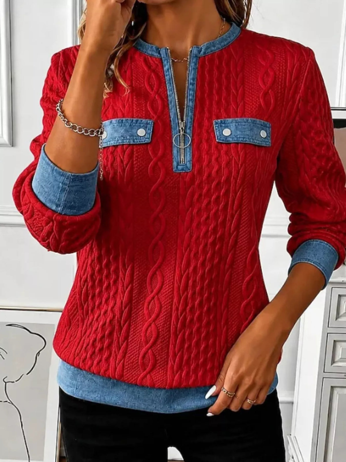 Erika kabelstickad sweatshirt, scharlakansröd