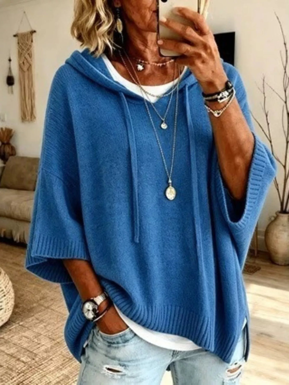 Sally ribbstickad hoodie, blå