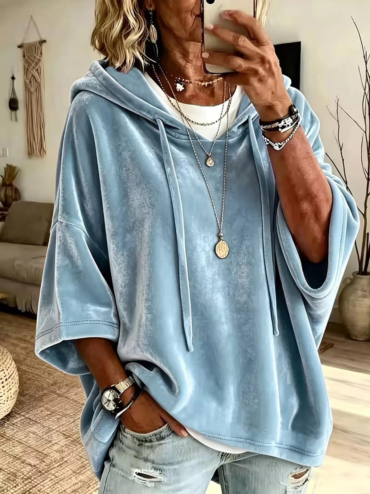 Agnes hoodie i sammet, blå