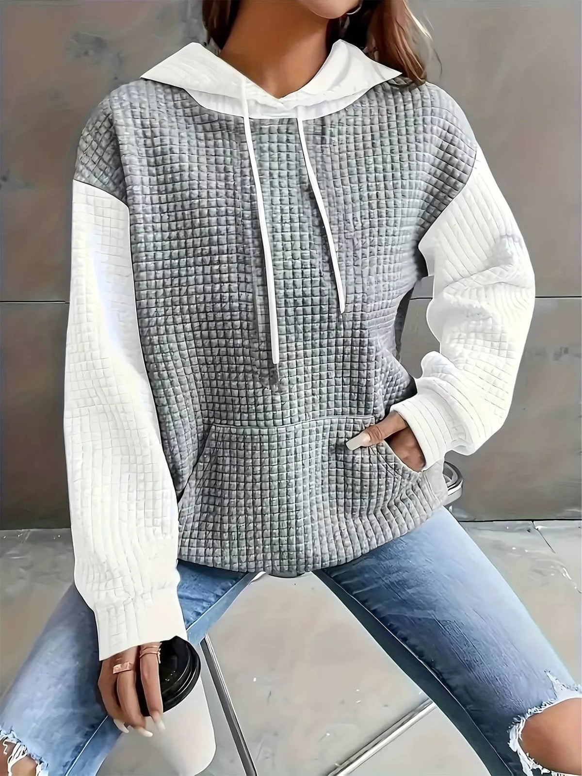Elia texturerad hoodie, vit och grå