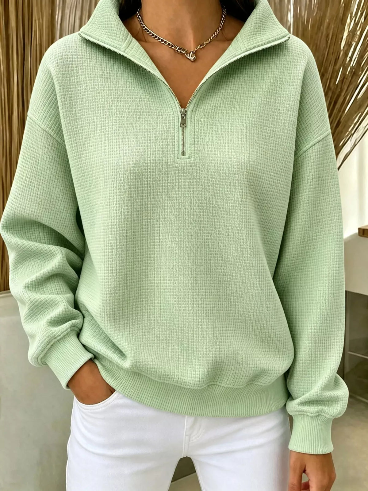 Daniela våffelstickad sweatshirt, blekgrön