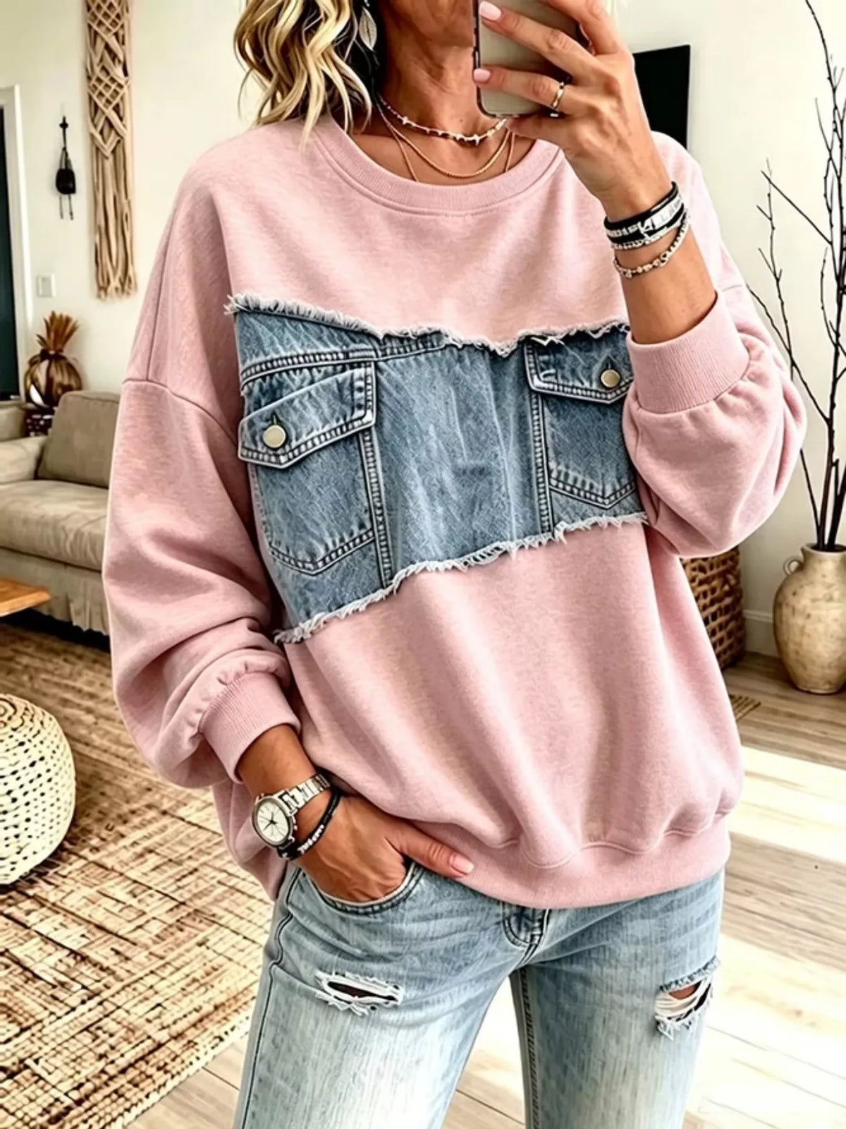 Engla sweatshirt i denimpatchwork, puderrosa
