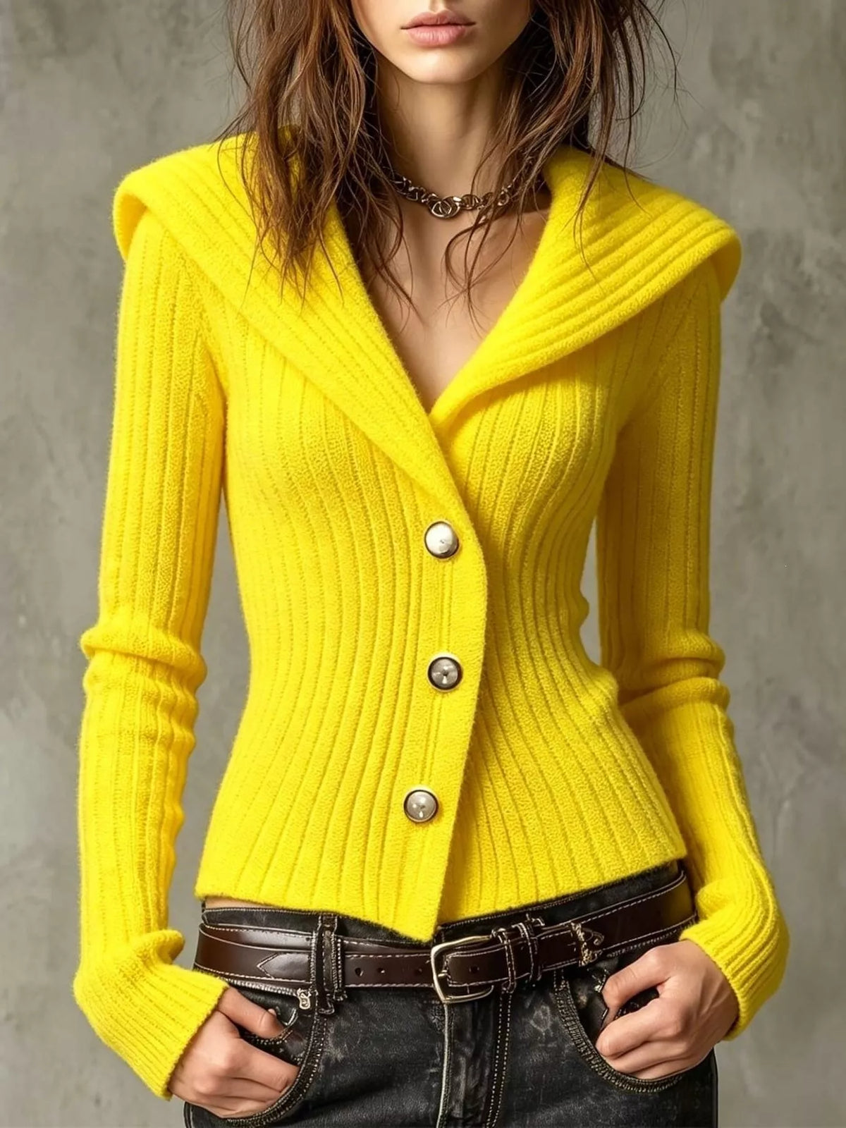 Genoveva ribbstickad cardigan, kanariegul