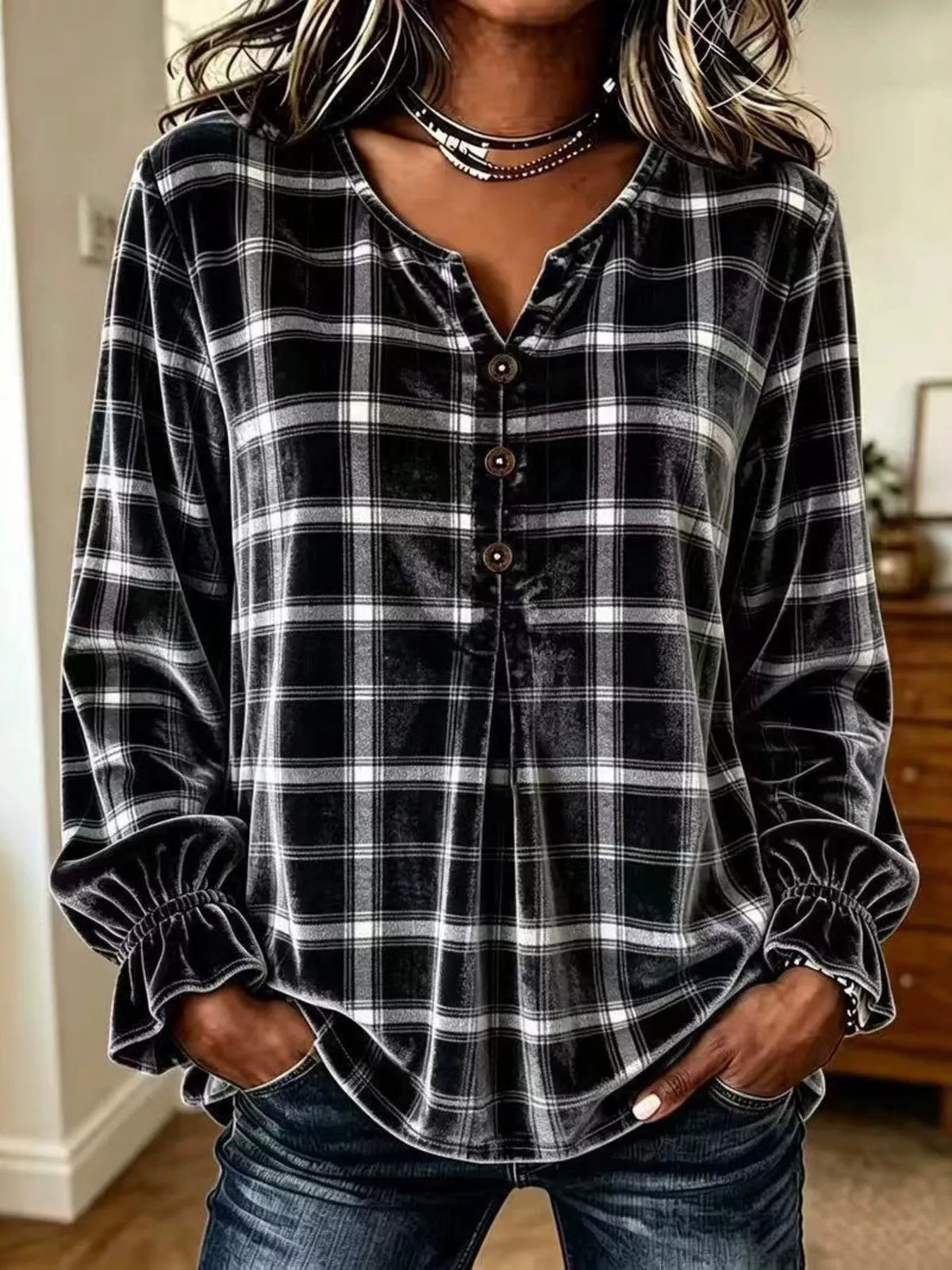 Emelie rutig blus, svart