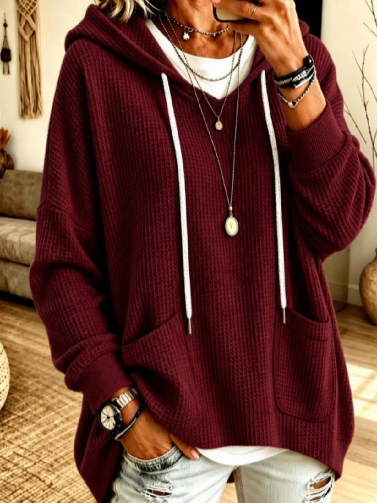 Eir våffelstickad hoodie, vinröd