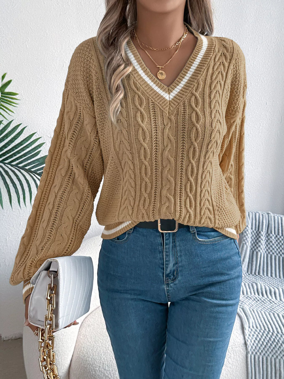 Desirée kabelstickad tröja, khaki