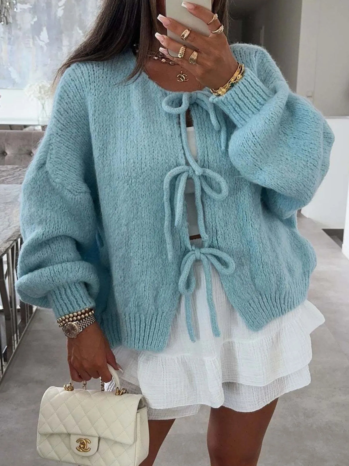 Kinga cardigan med rosett, blå