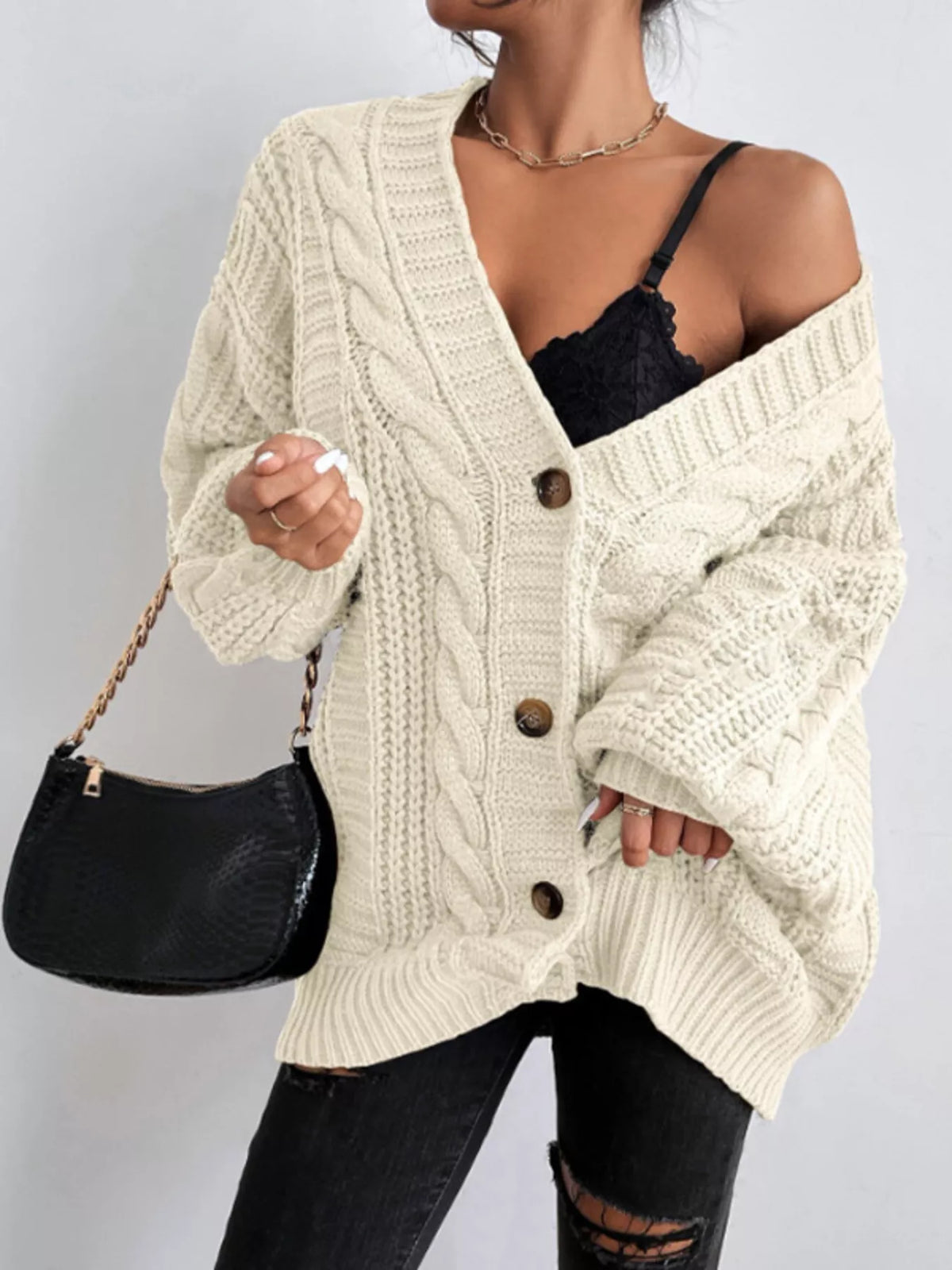 Margaux kabelstickad cardigan, benvit