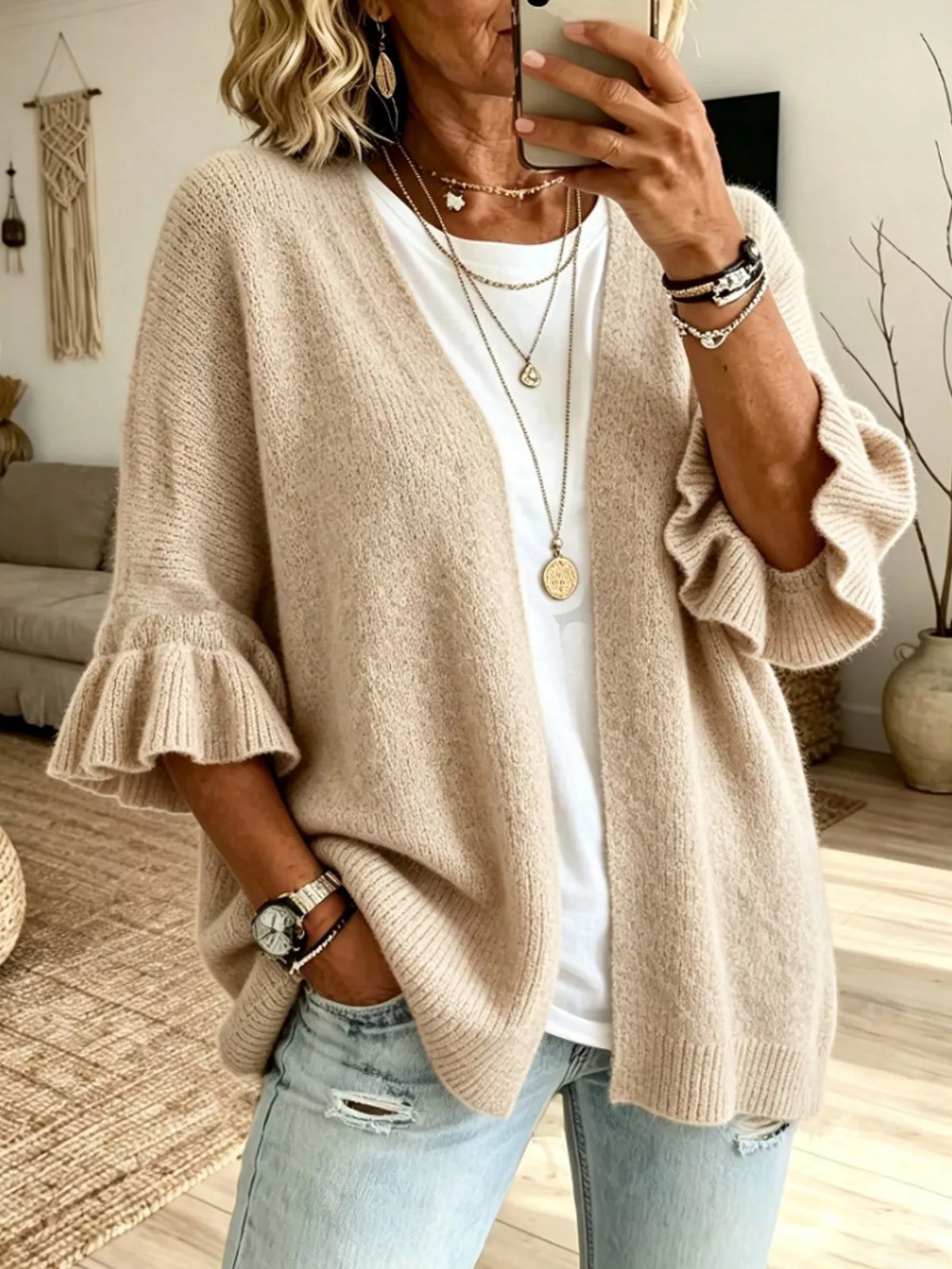 Marnie cardigan med volangärm, krämvit