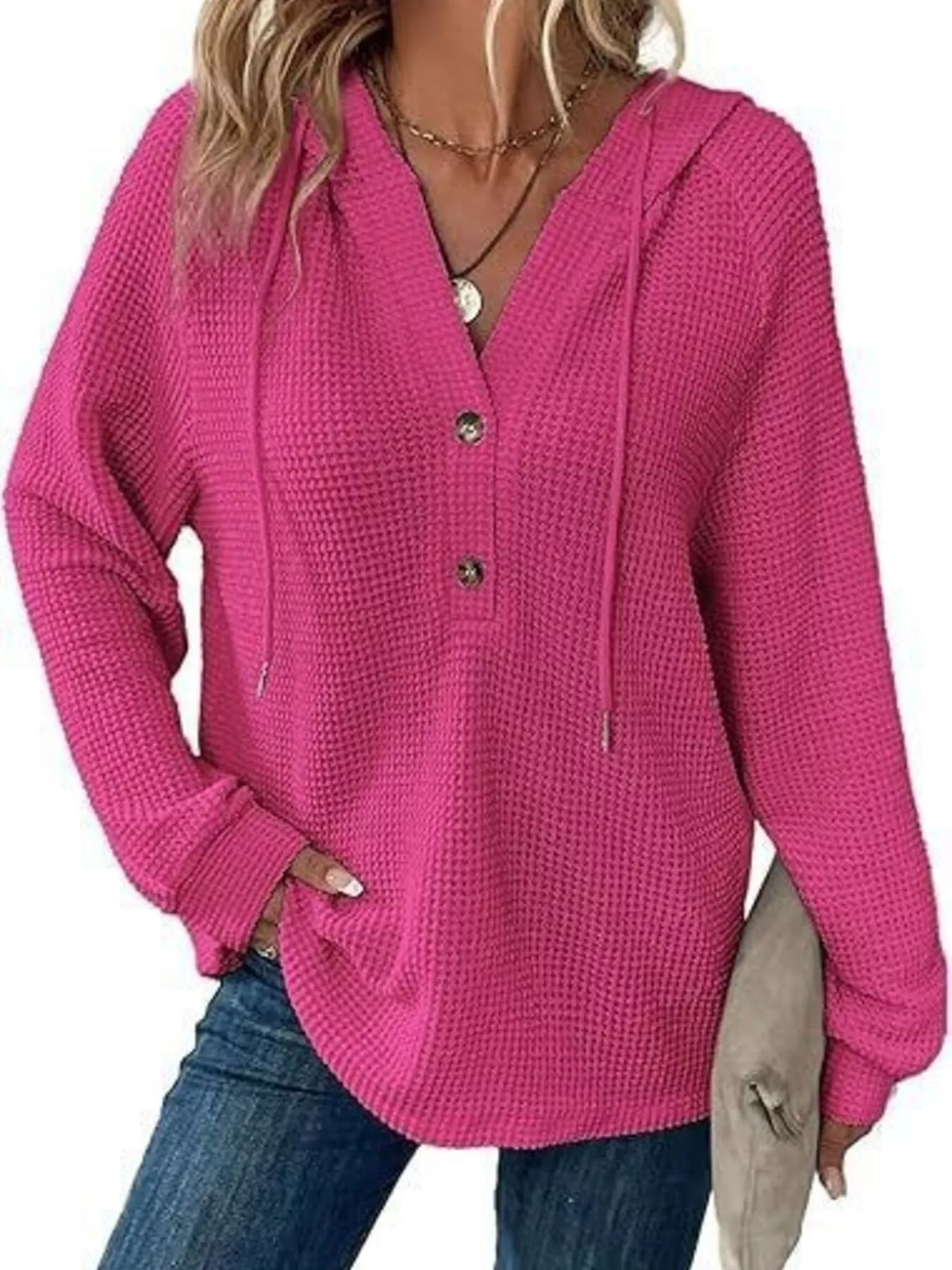 Edna våffelstickad hoodie, rosenröd