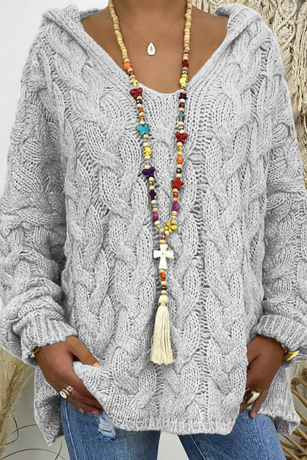 Trixie kabelstickad hoodie, ljusgrå