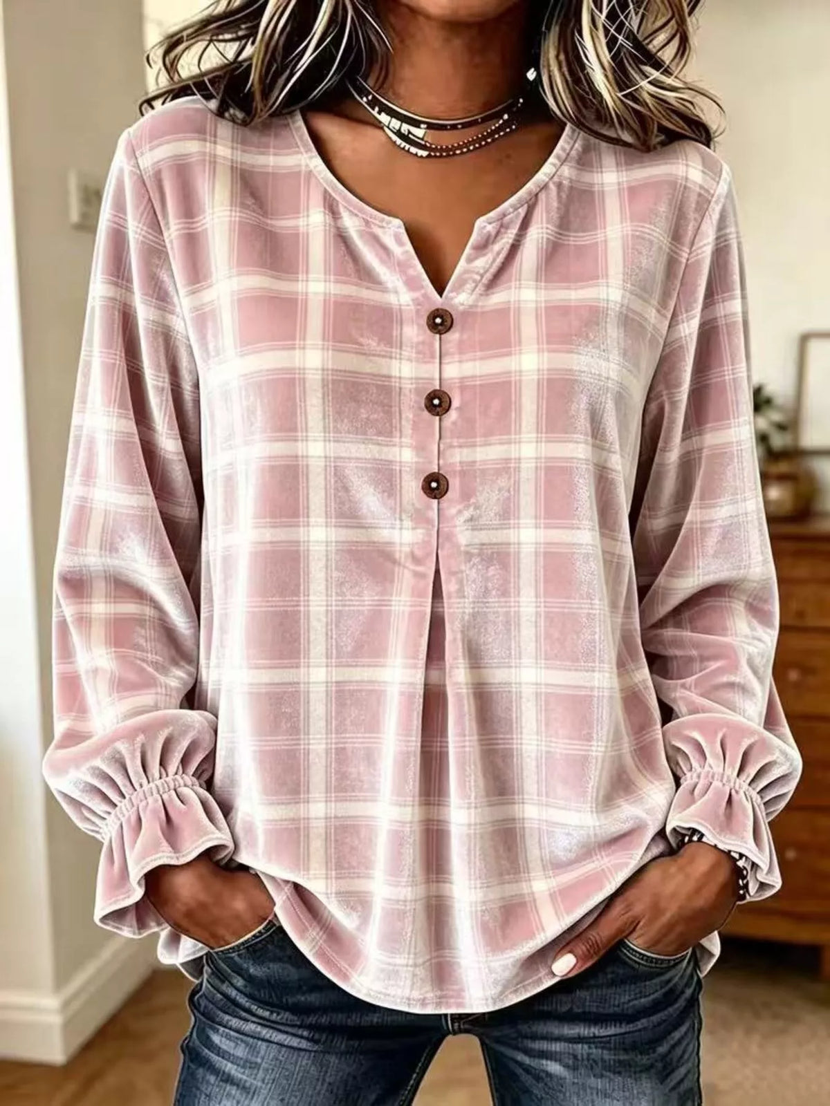 Emelie rutig blus, puderrosa