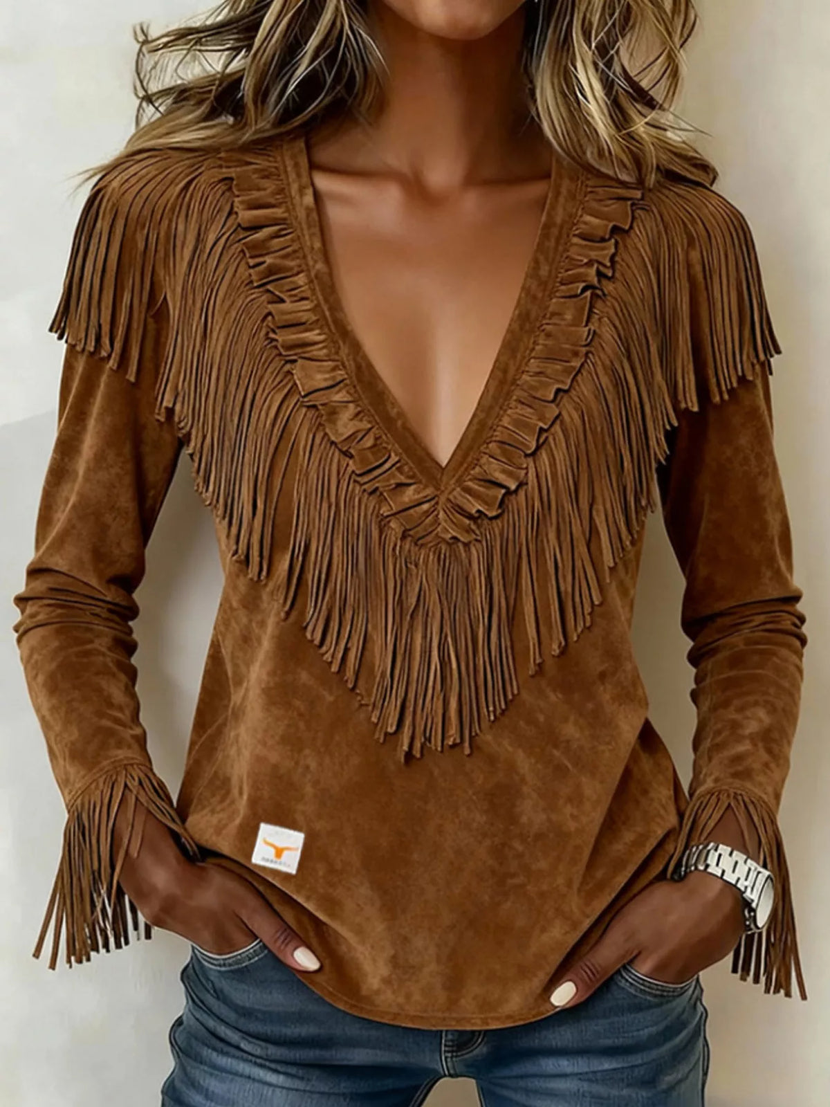 Edda blus med fransar, brun
