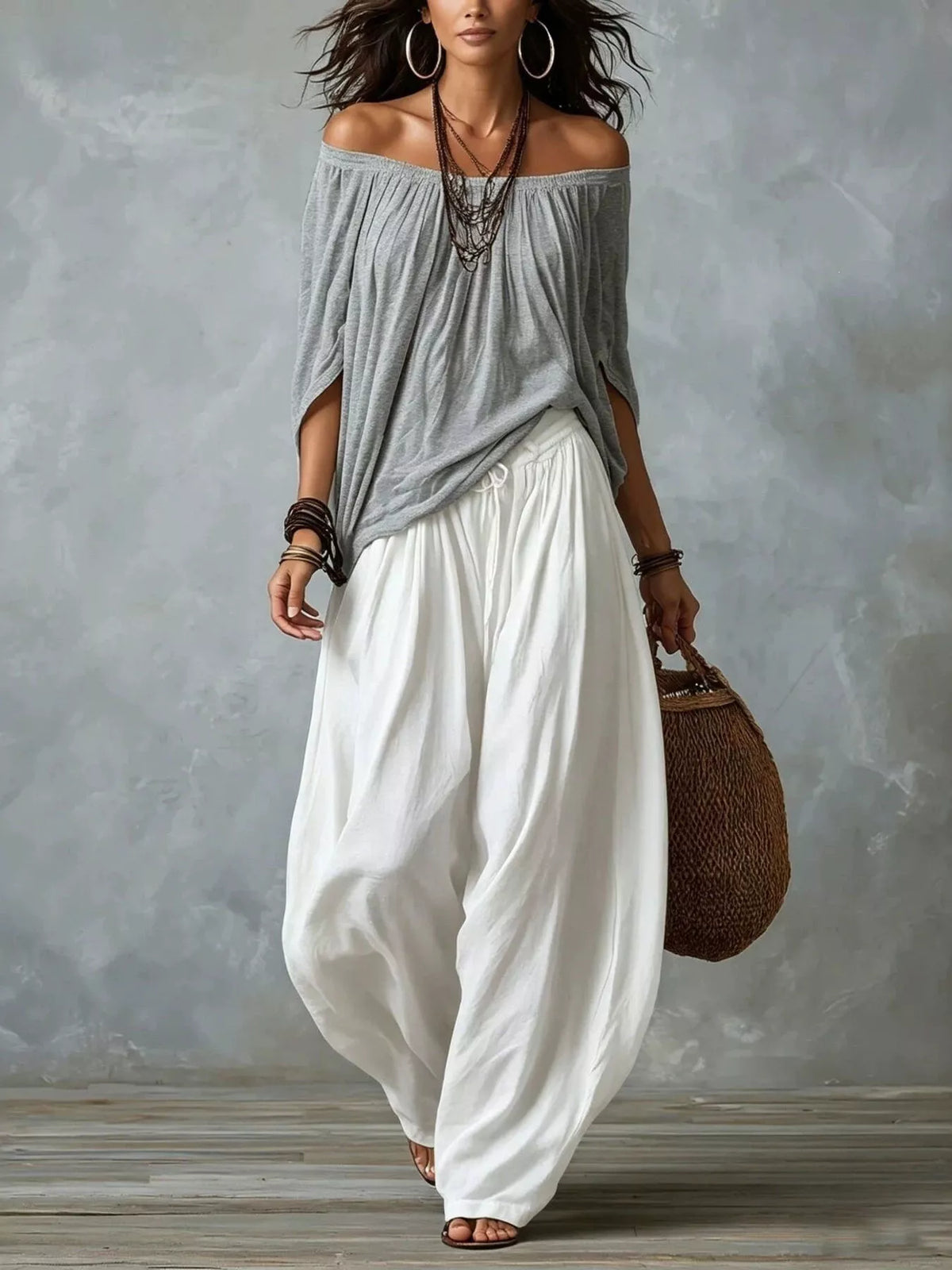Amara off-shoulder set, vitgrå