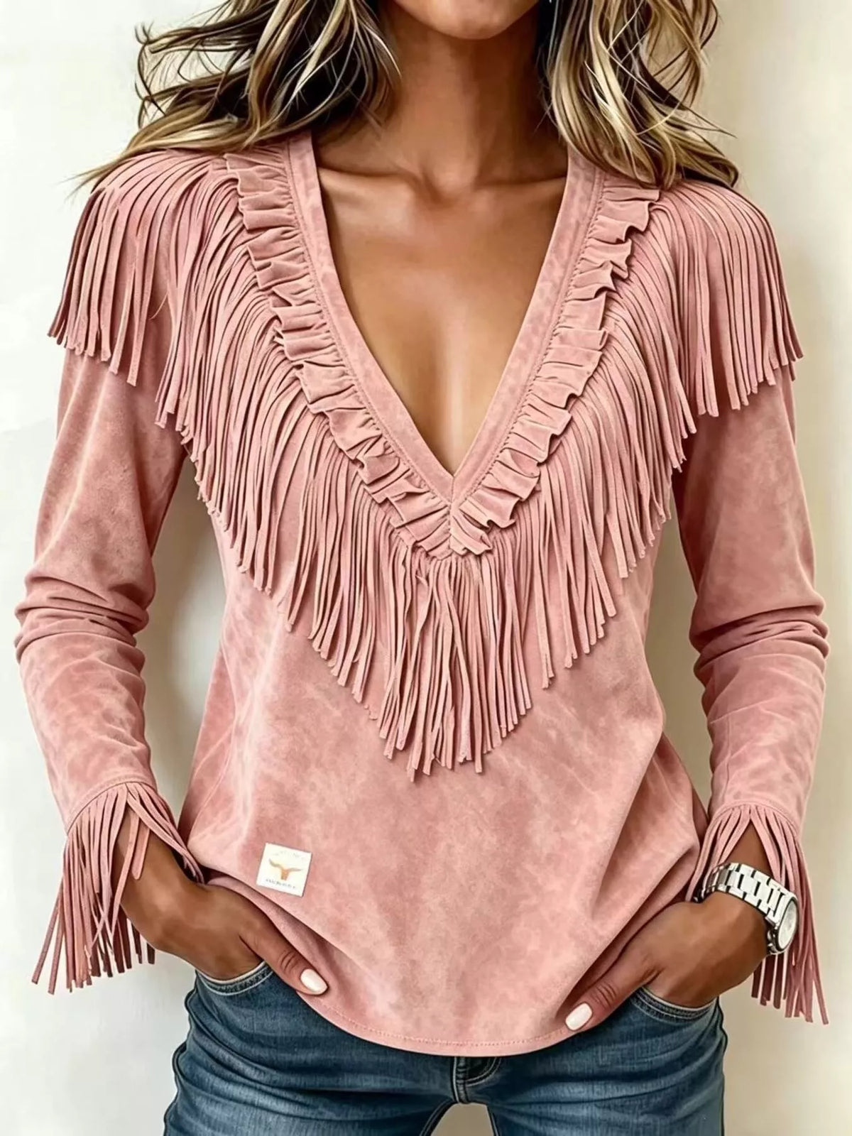 Edda blus med fransar, dammrosa