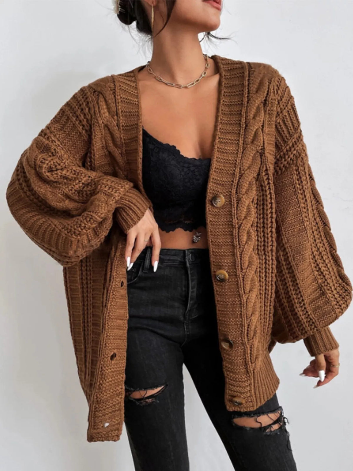 Margaux kabelstickad cardigan, mörkbrun
