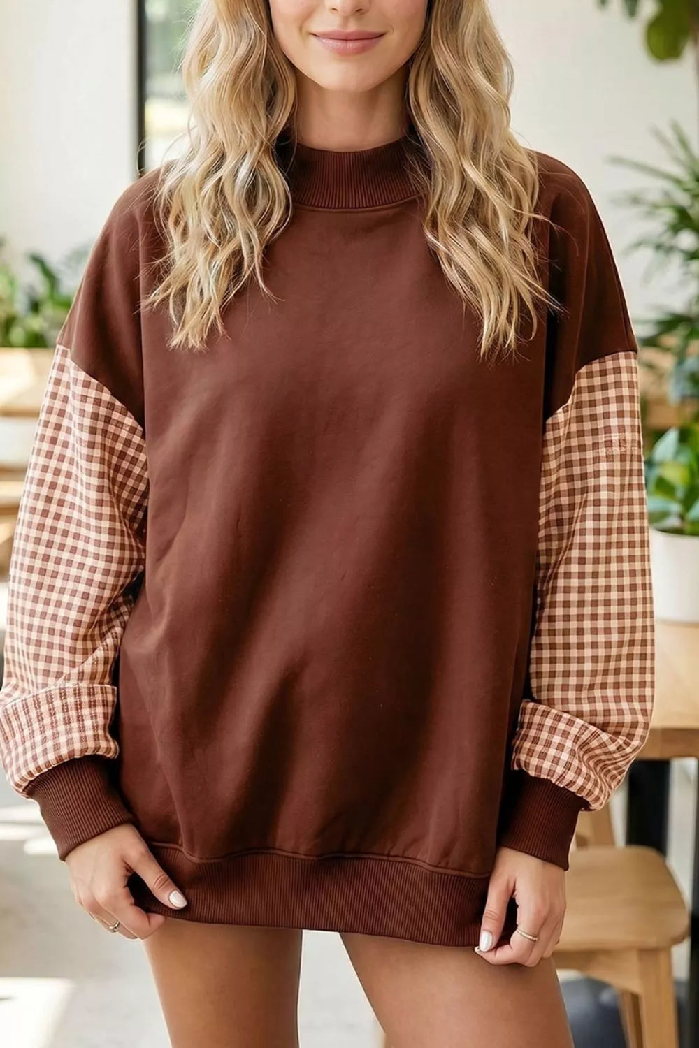 Anette rutig sweatshirt, mörkbrun