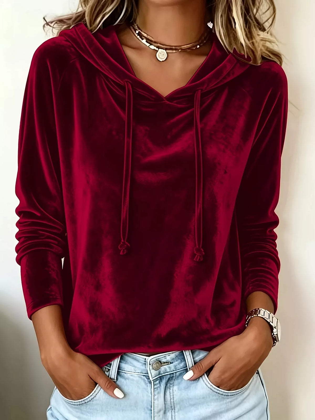 Albertina hoodie i sammet, vinröd