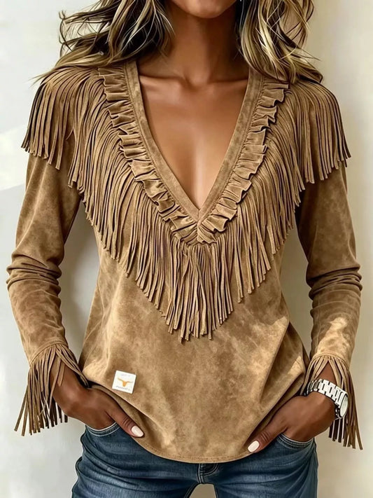 Edda blus med fransar, taupe