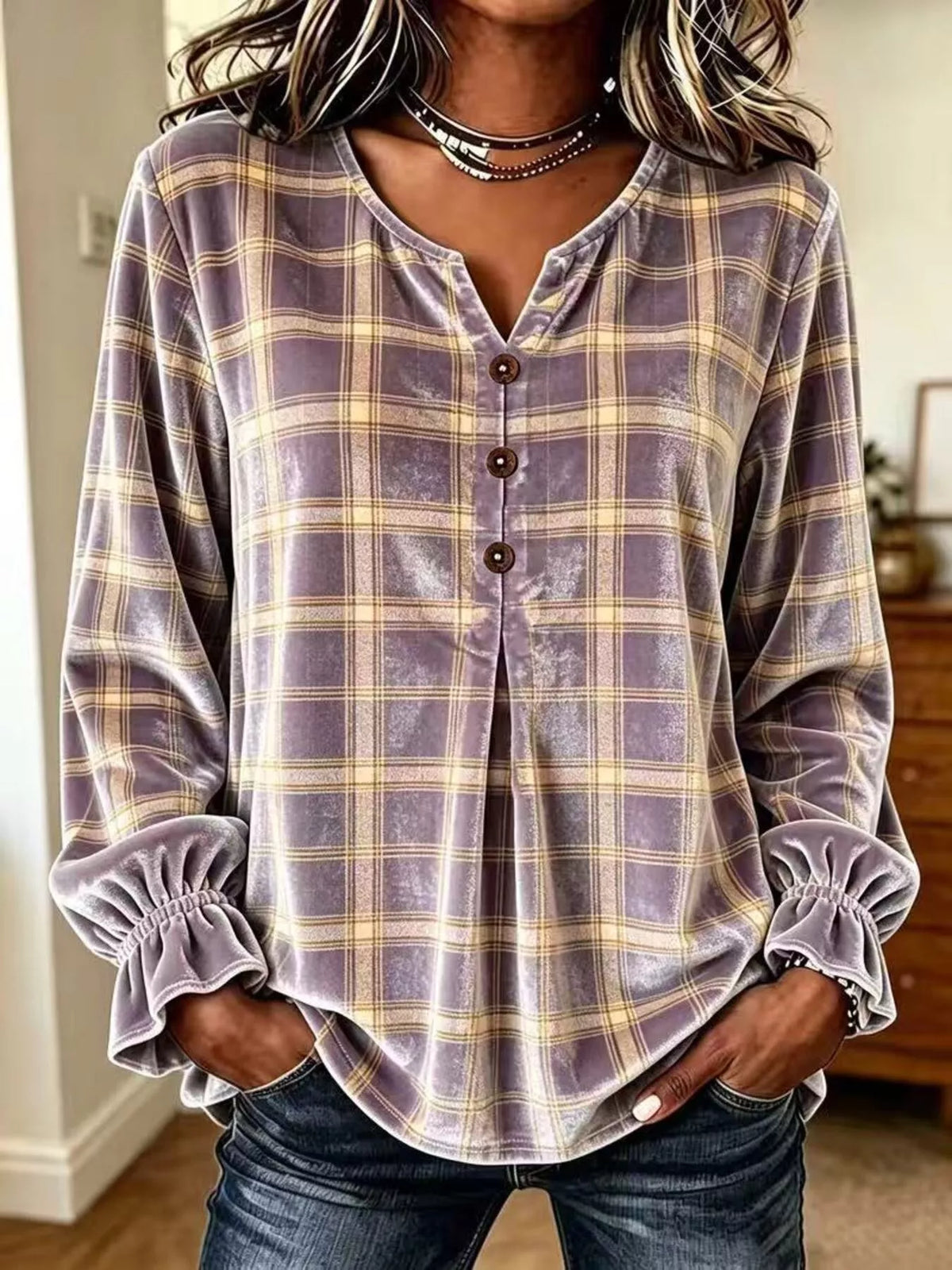 Emelie rutig blus, lila