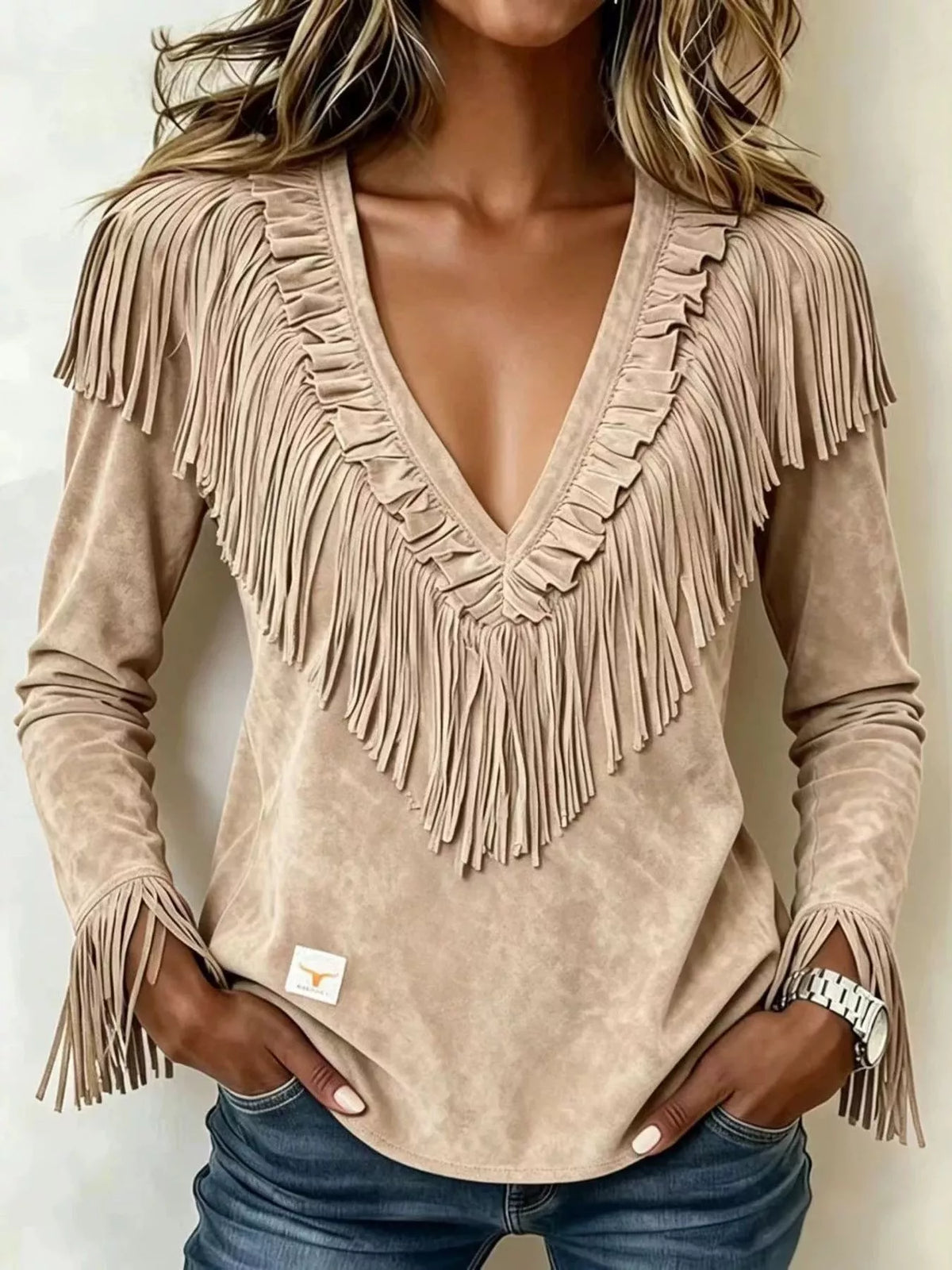 Edda blus med fransar, beige