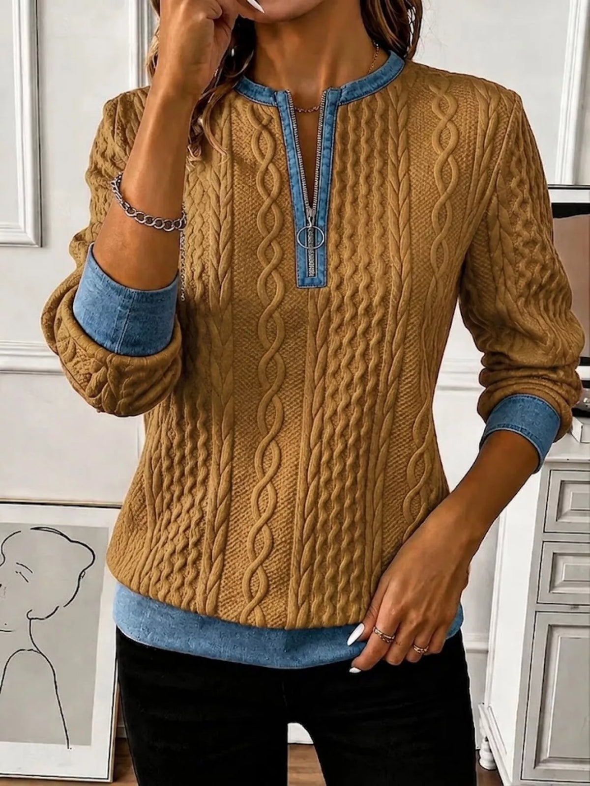 Erika kabelstickad sweatshirt, senapsgul