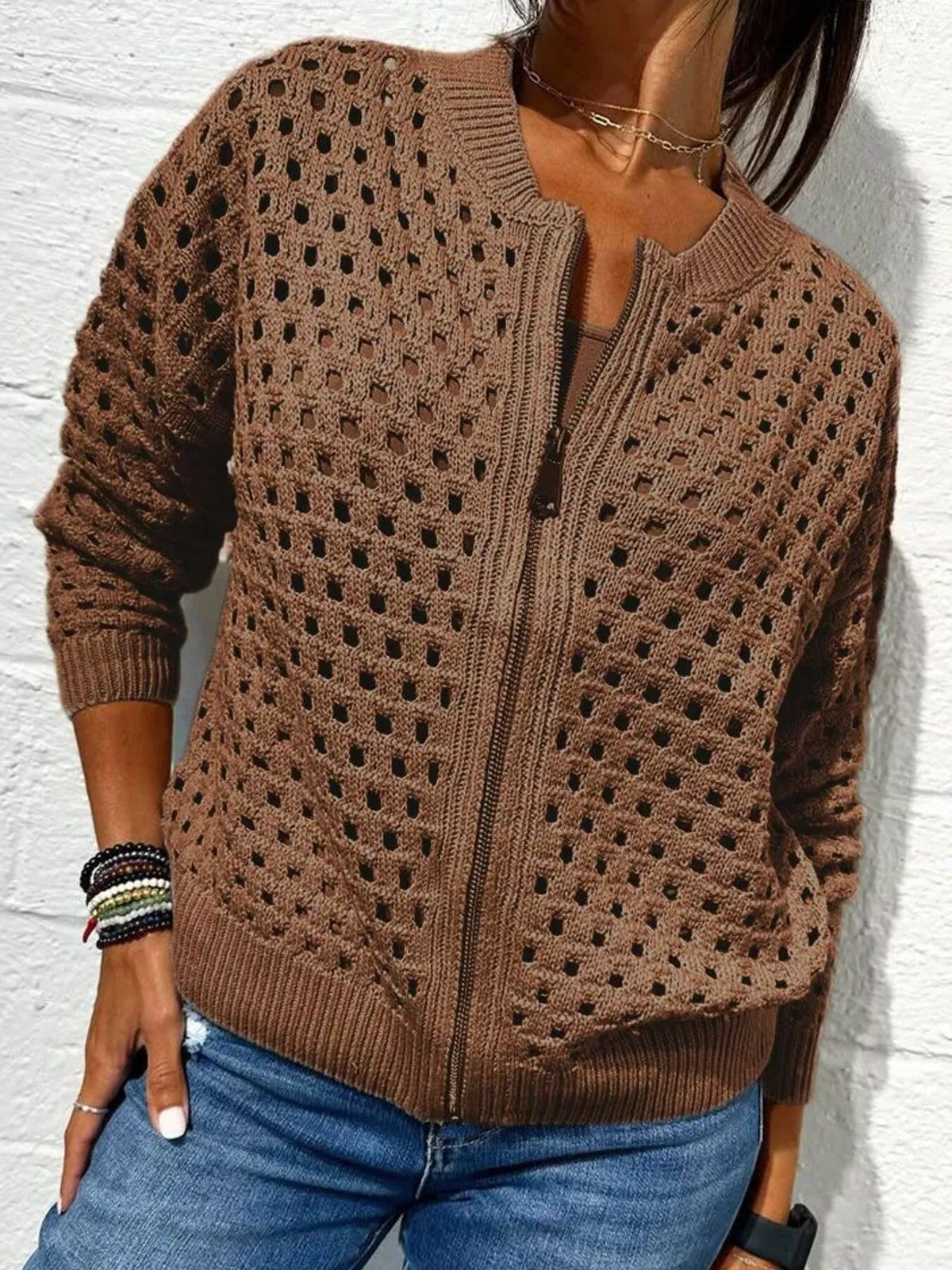 Sissel virkad cardigan, mörkbrun