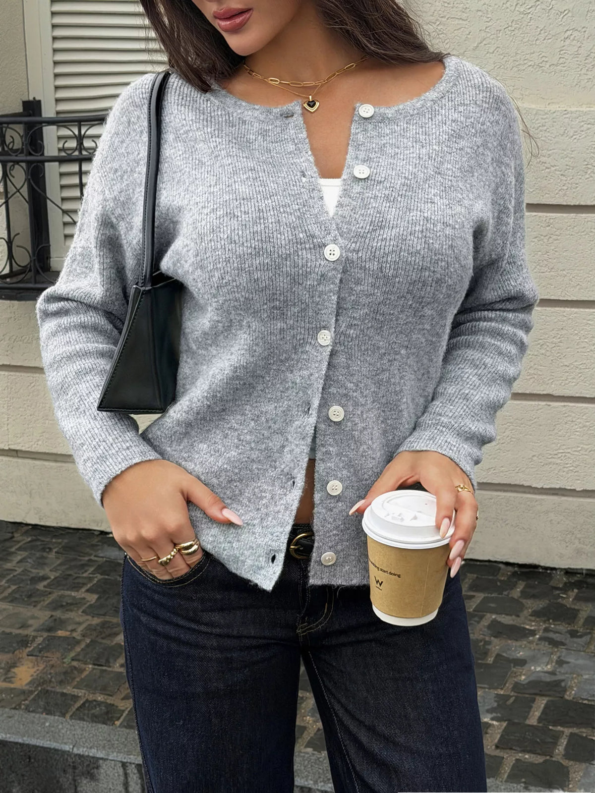Moira ribbstickad cardigan, grå