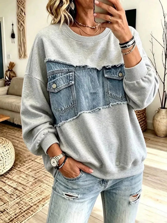 Engla sweatshirt i denimpatchwork, ljusgrå