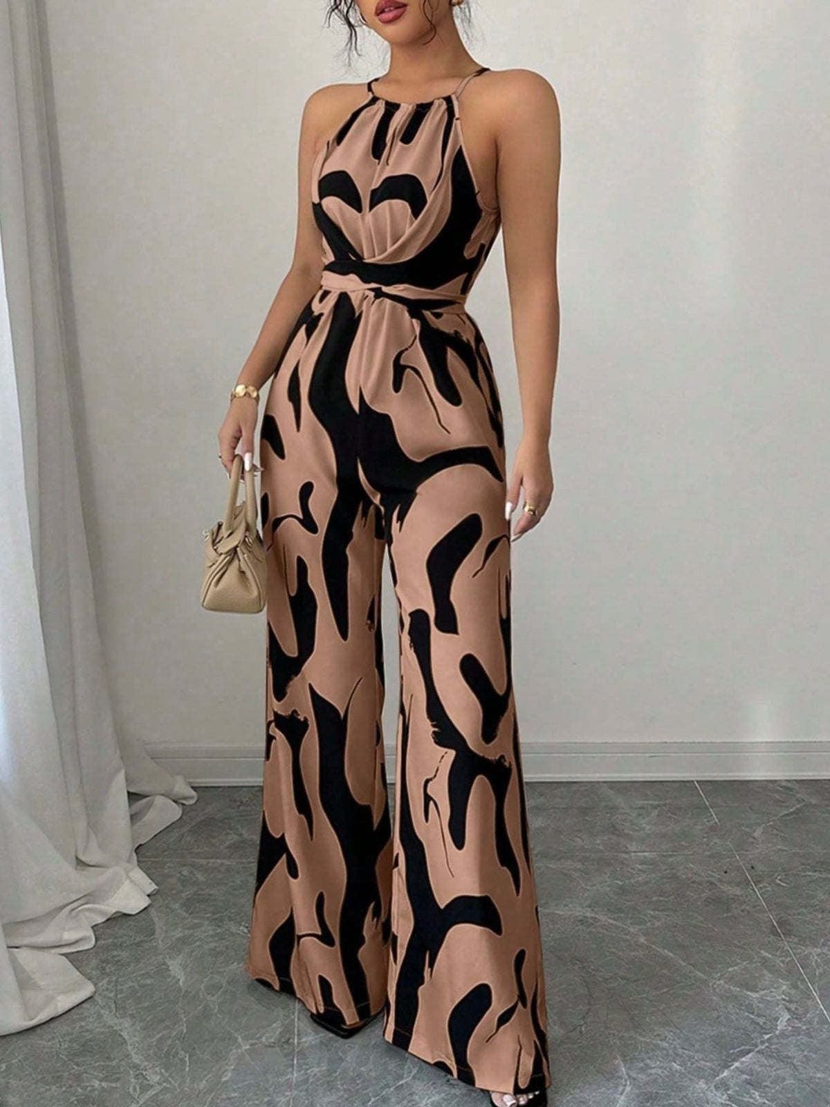 Brigitte jumpsuit med abstrakt tryck, ljusbrun