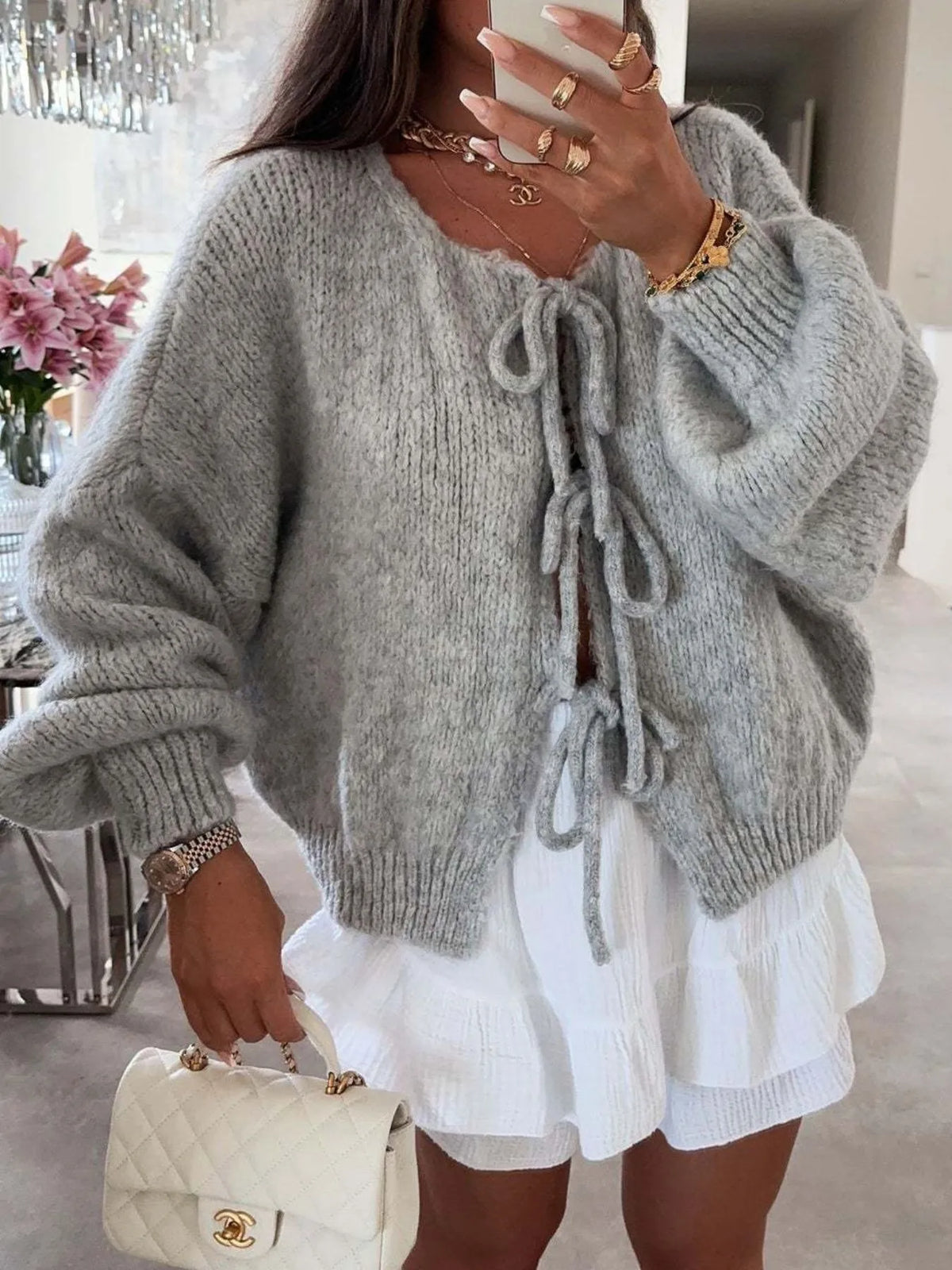 Kinga cardigan med rosett
