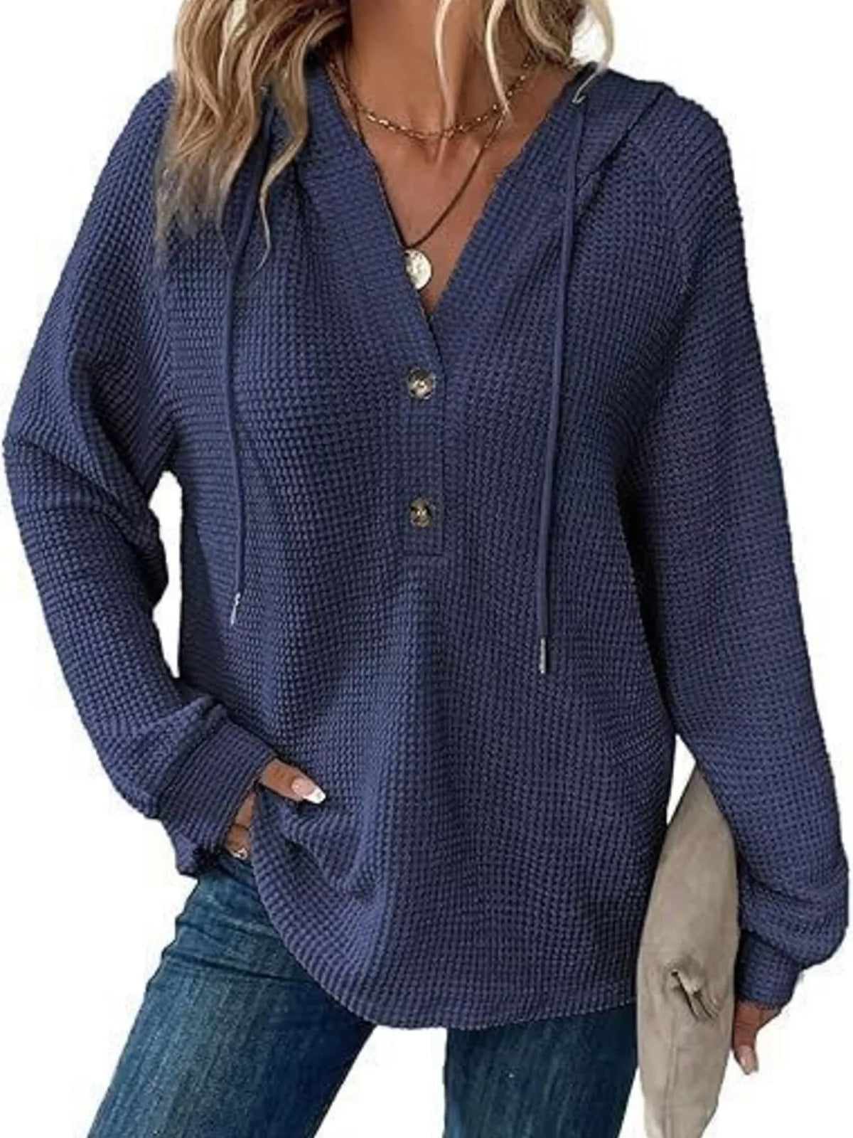 Edna våffelstickad hoodie, blå
