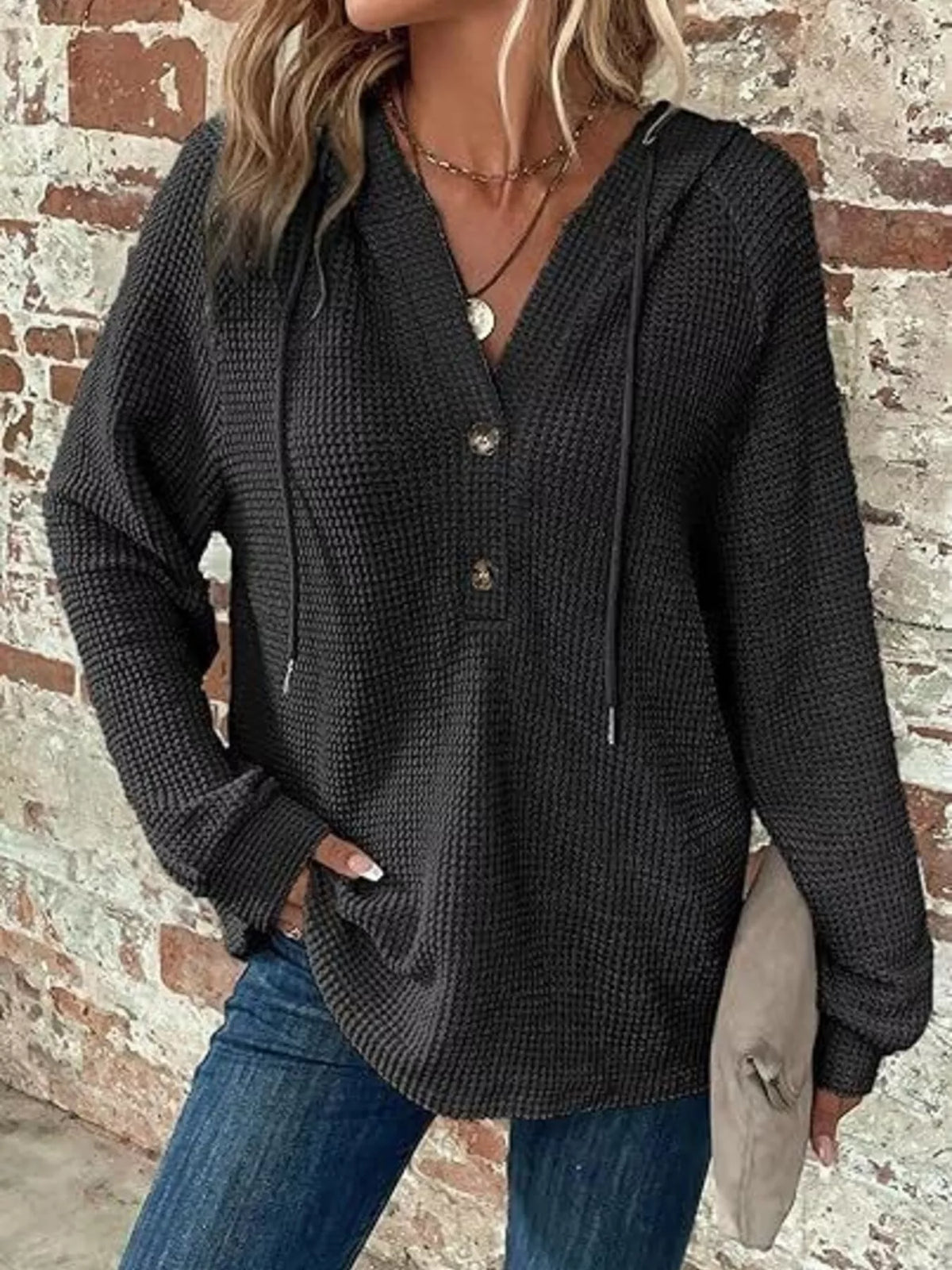 Edna våffelstickad hoodie, svart