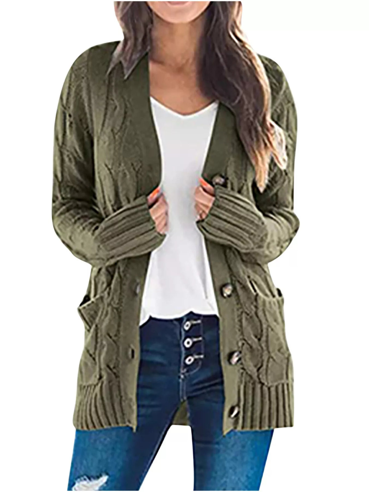 Octavia grovstickad cardigan, militärgrön