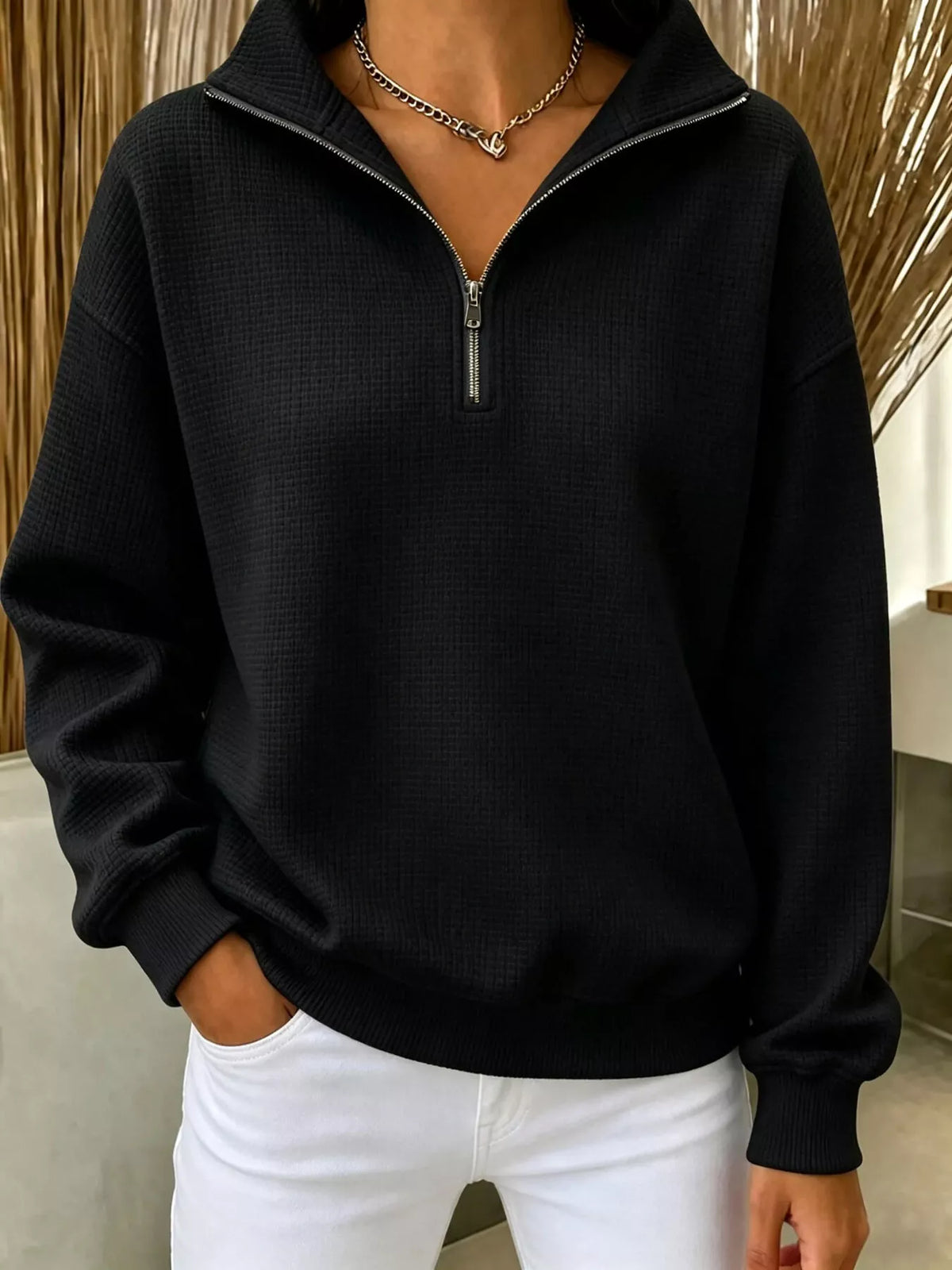 Daniela våffelstickad sweatshirt, svart