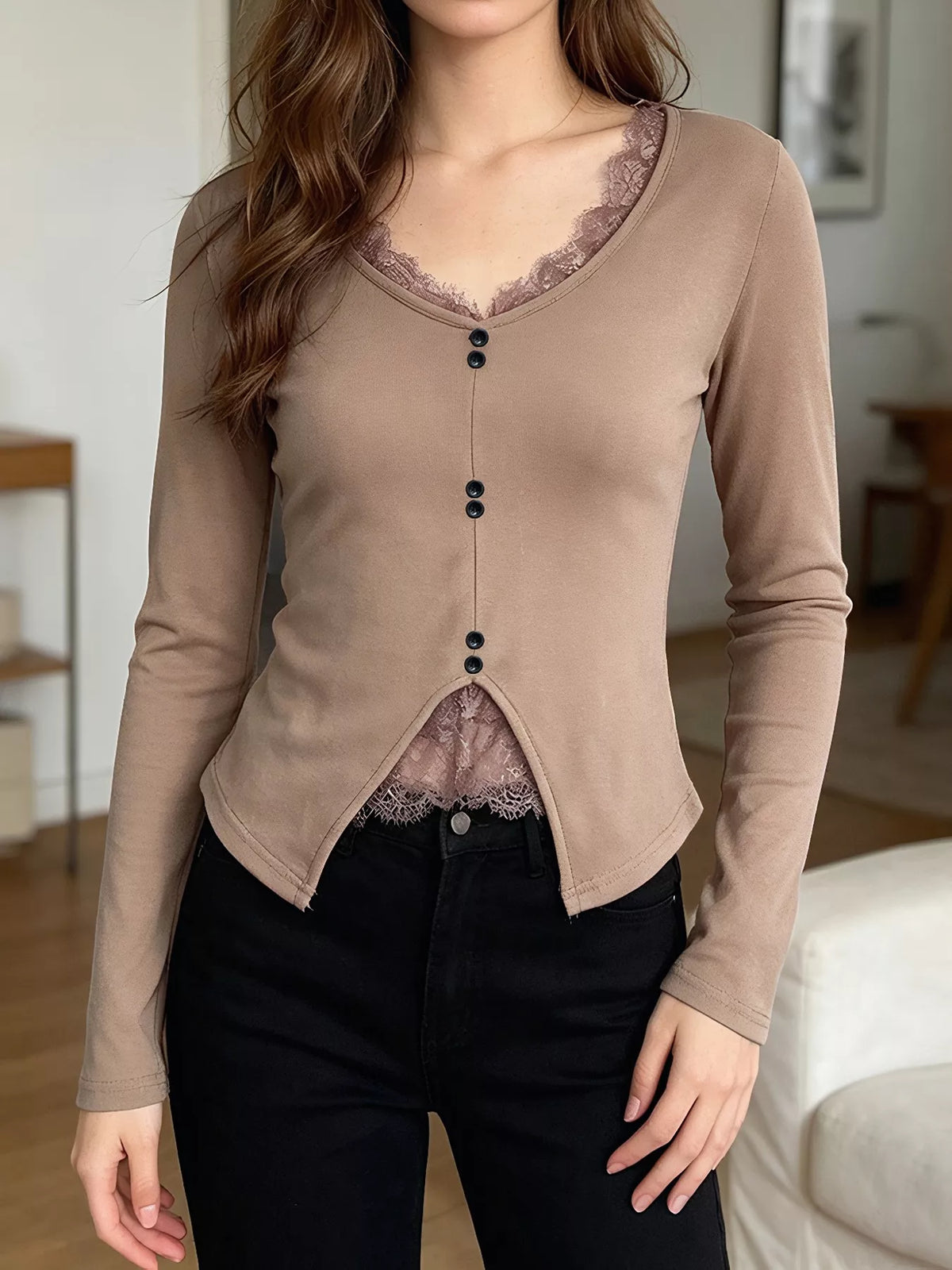 Eugenia topp med spets, khaki