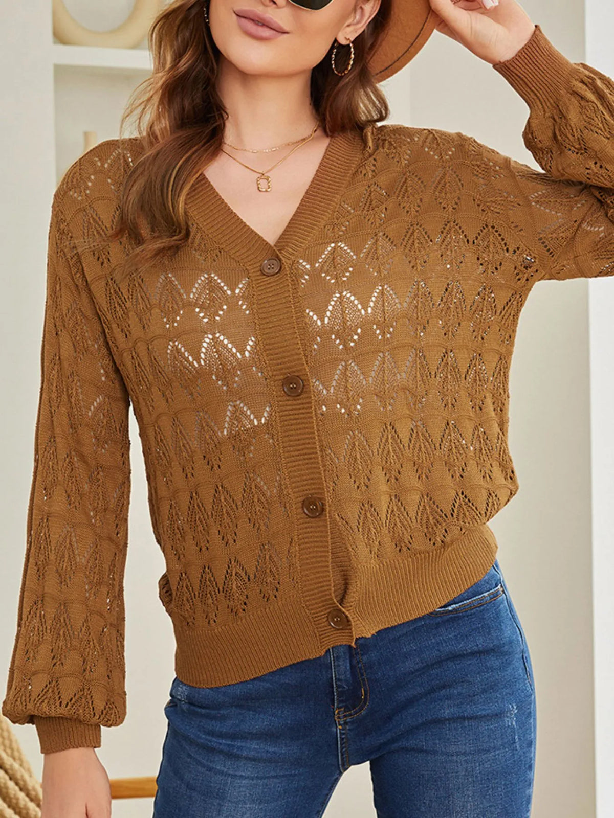 Rhea hålstickad cardigan, brun
