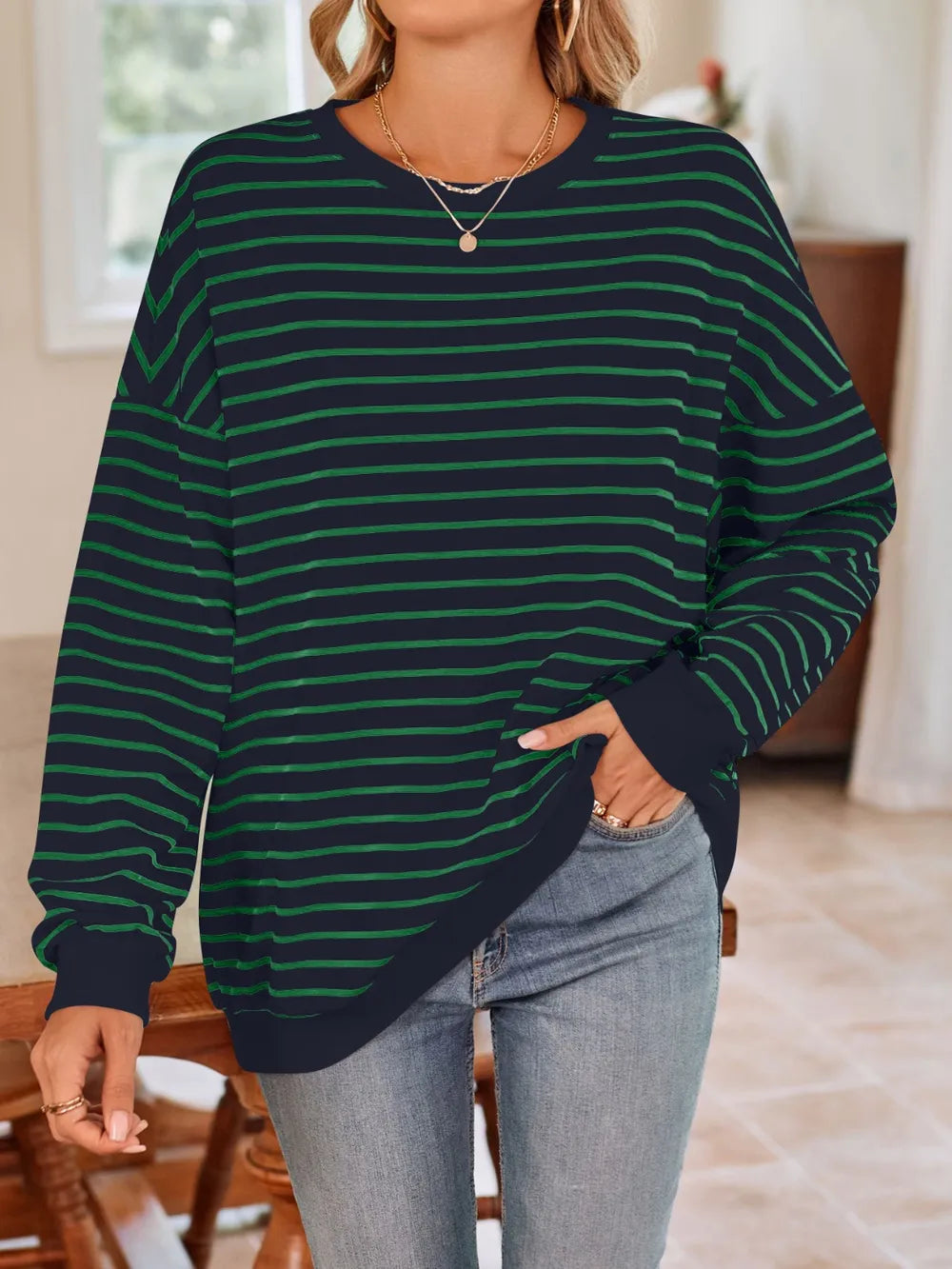 Birgit randig sweatshirt, mörkgrön