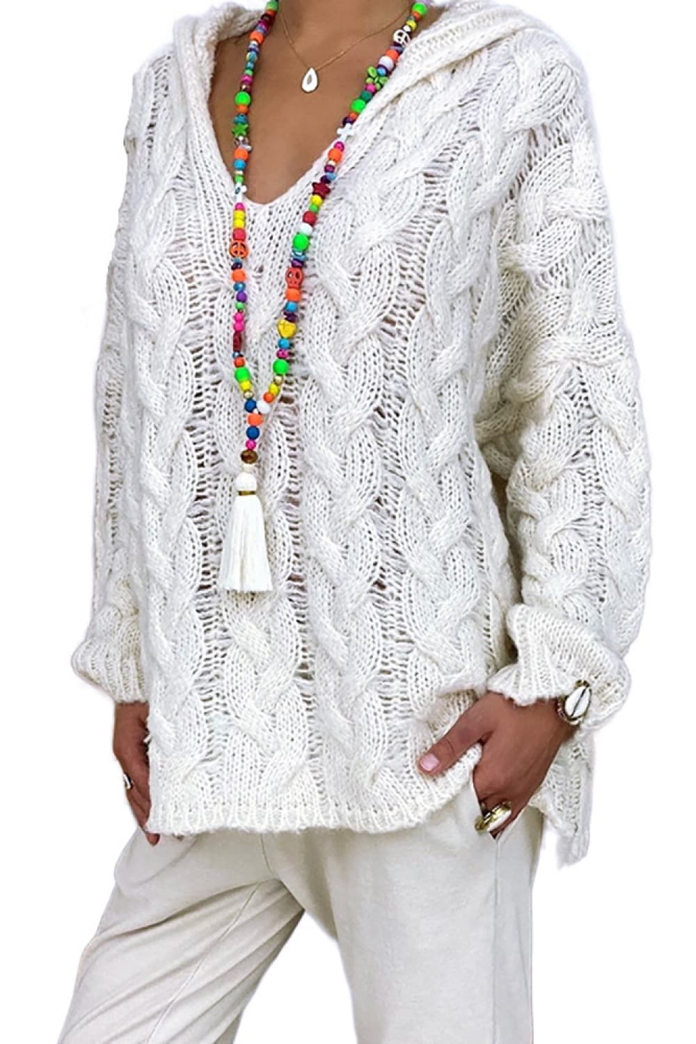 Trixie kabelstickad hoodie, vit