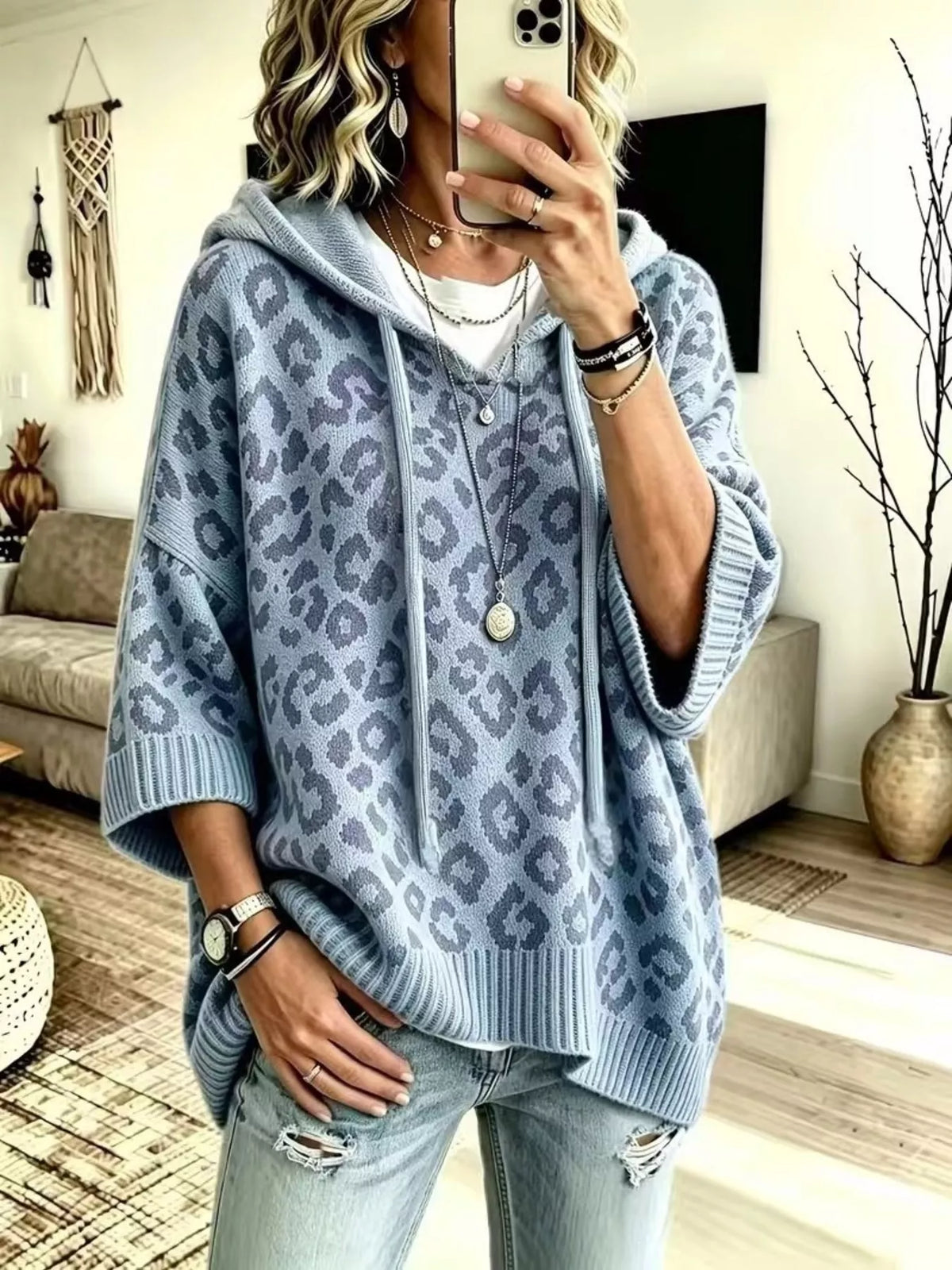 Frauke leopardmönstrad hoodie, dimblå