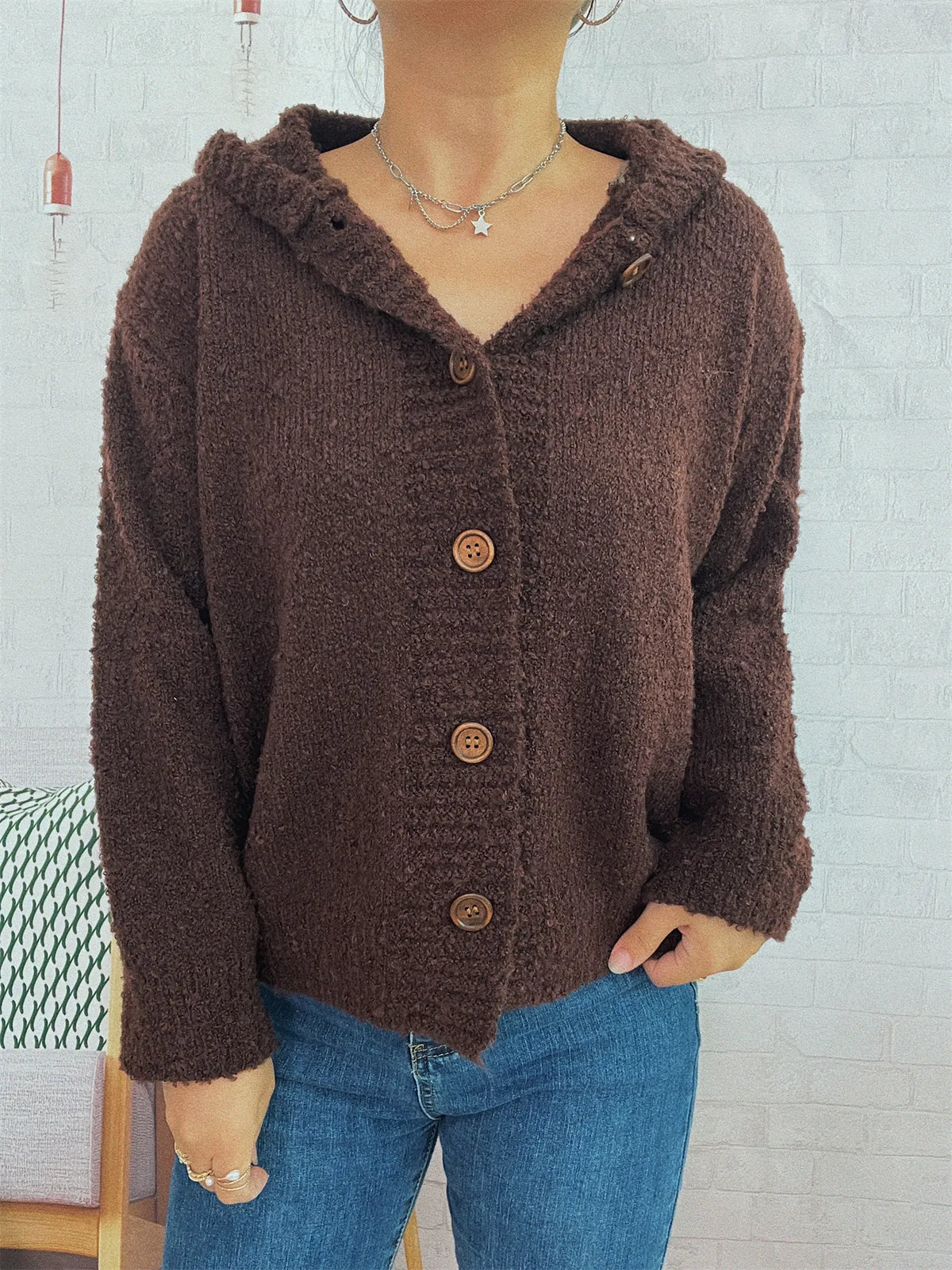 Benna cardigan med huva, brun