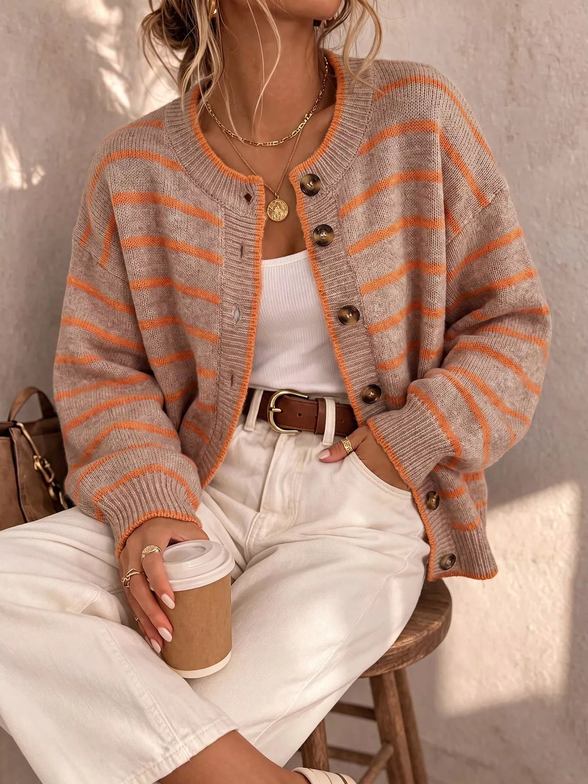 Maggie randig cardigan, karamell