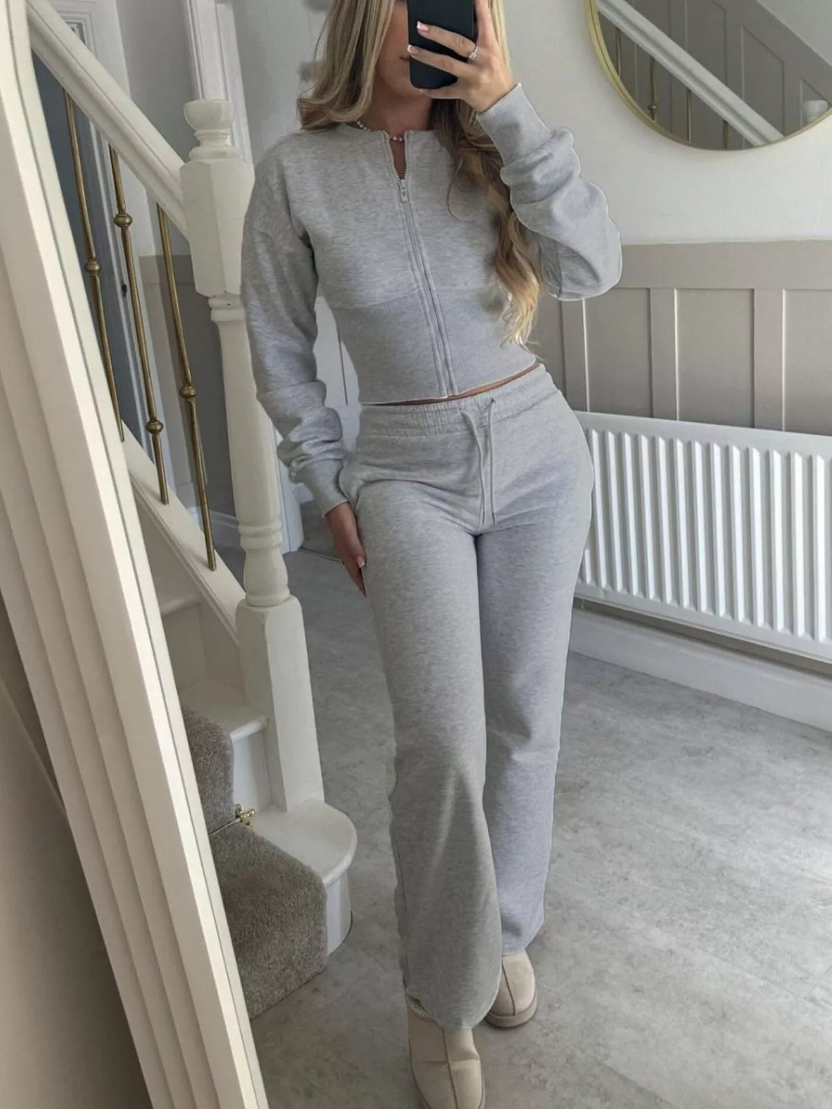 Silke högmidjat set, ljusgrå