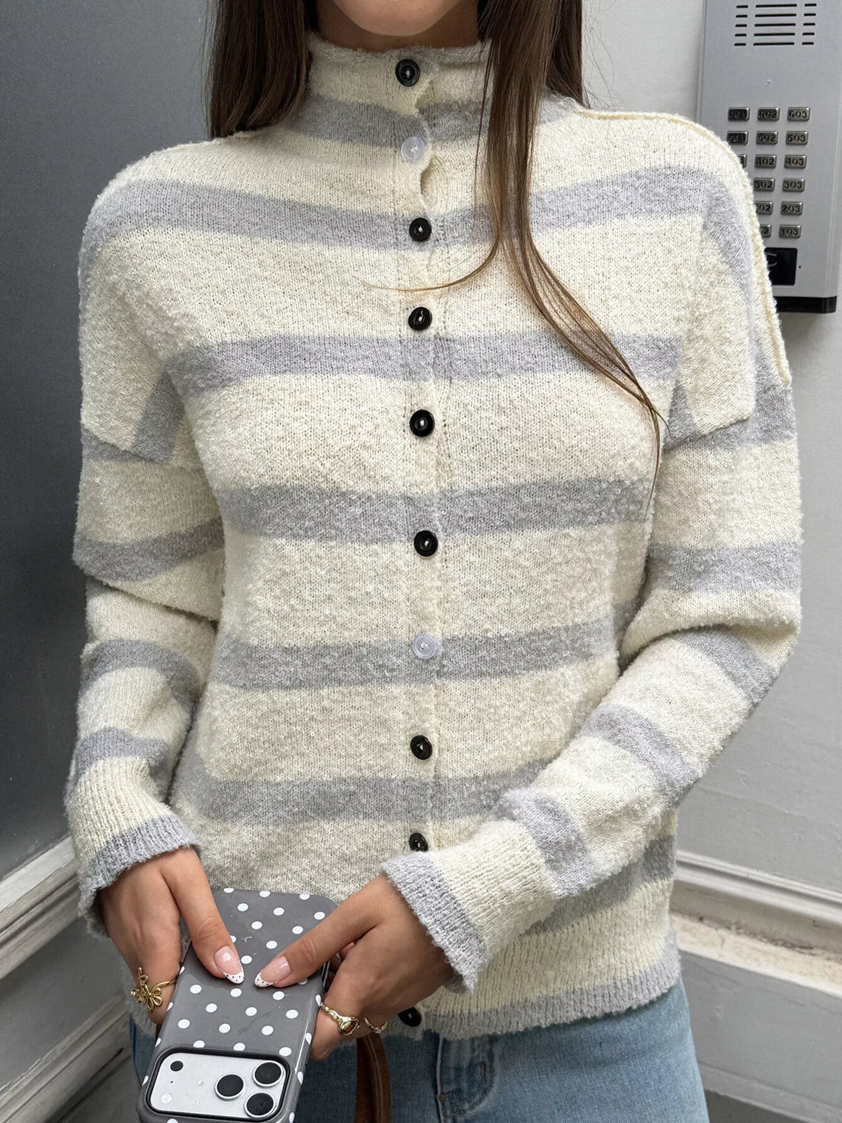 Marita randig cardigan, grå och aprikos randig