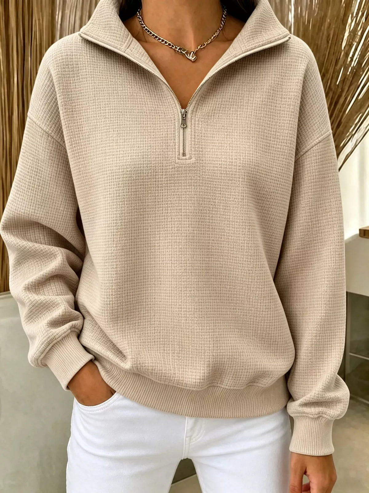 Daniela våffelstickad sweatshirt, khaki