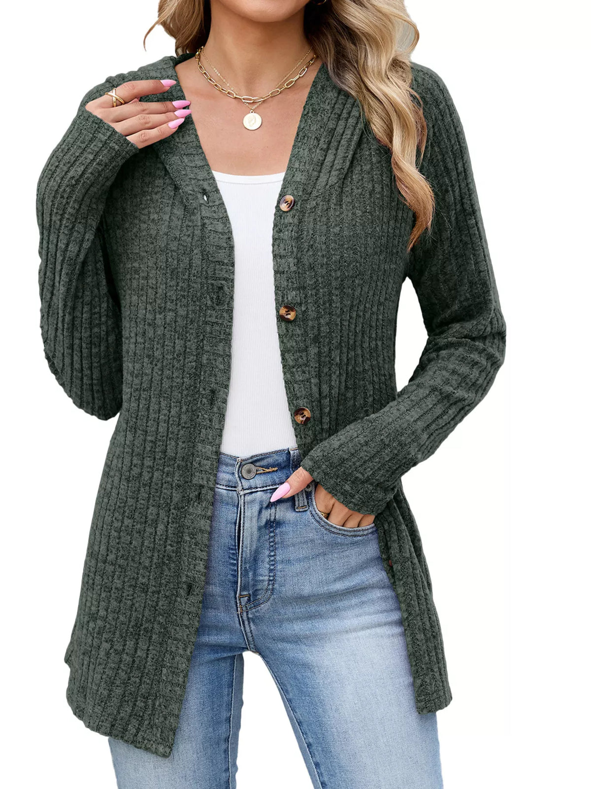 Venke ribbstickad cardigan, militärgrön