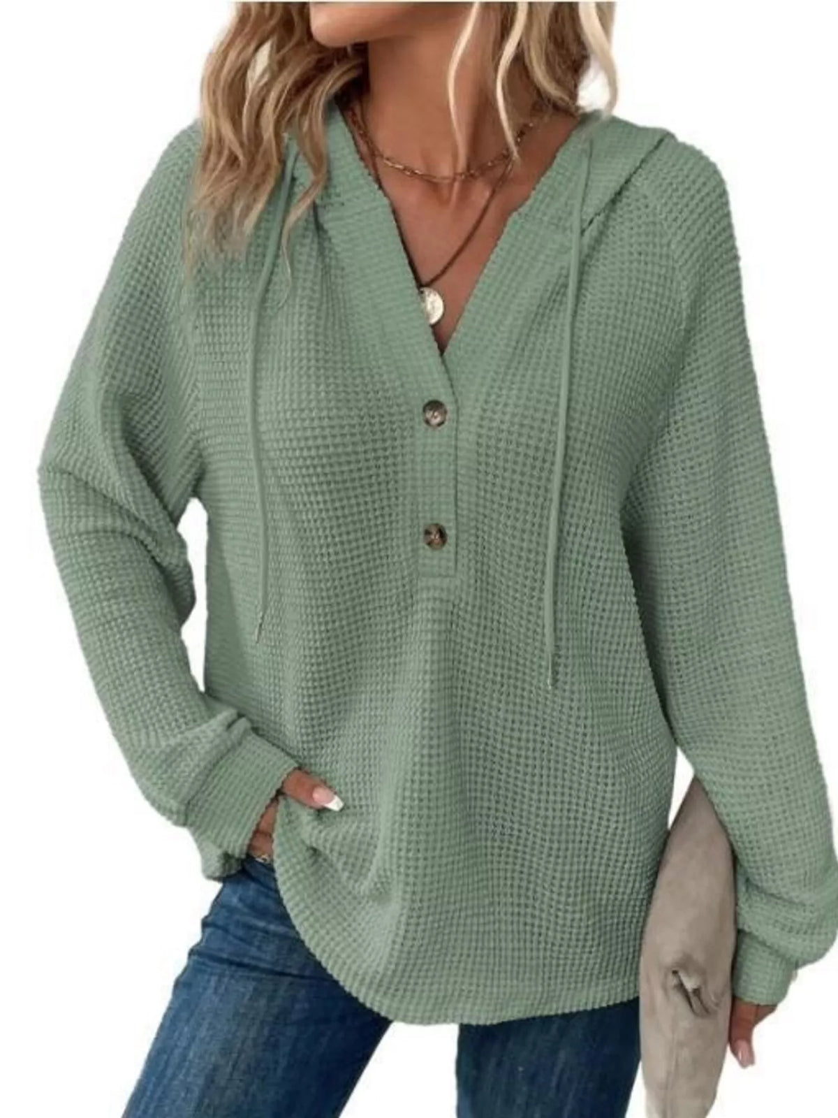 Edna våffelstickad hoodie, blekgrön